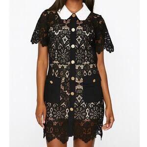 Peekskill Black Lace Collared Mini Dress Women's S Sheer Lined Button Front